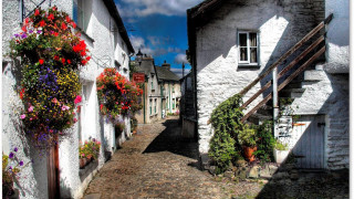 Narrow street flowers buildings clouds - a narrow street free wallpaper