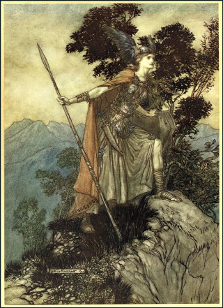 Woman holding sword spear hill - a tree in the background free wallpaper for mobile