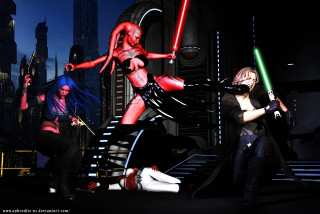 Women costumes lightsabers city nighttime - costume free wallpaper for desktop