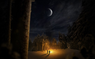 Couple snow night fullmoon stars - sky free wallpaper