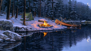 Campfire canoe snowy forest lake - dan mumford free wallpaper