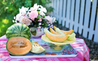 Table fruits melons flowers sunny - other fruit free wallpaper