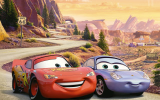 Cartoon cars driving road mountains - two car free wallpaper