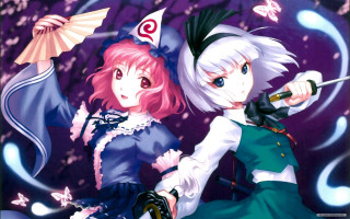 Anime characters umbrellas purple background - a fan free wallpaper