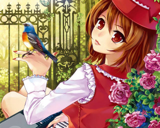 Girl red dress bird hand - magic realism free wallpaper