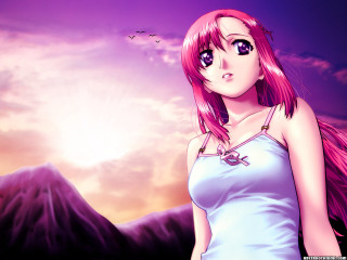 Pink hair blue dress mountain - overhead free wallpaper