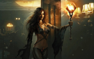 Woman holding torch dark room - dark fantasy art free wallpaper