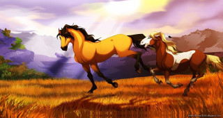 Horses running field mountains clouds - two horse free wallpaper