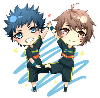 Anime characters standing air arms - their hands in free wallpaper for tablet