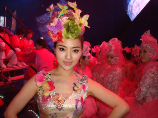 Woman costume flowers group pink - mesh wire free wallpaper