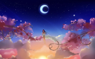 Woman cloud hillside crescent moon - dreamlike free wallpaper