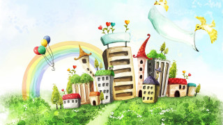 City rainbow bird flying kite - a painting of a city free wallpaper