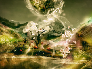 Tree flowers mountains lake digital - mountainous free wallpaper