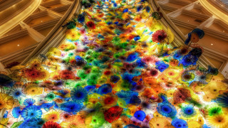 Large colorful umbrella flowers building - interactive free wallpaper