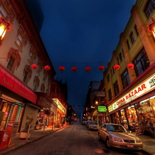 Street cars night red lanterns - night time free wallpaper for tablet