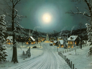 Snowy village full moon snowy 3 - a village free wallpaper