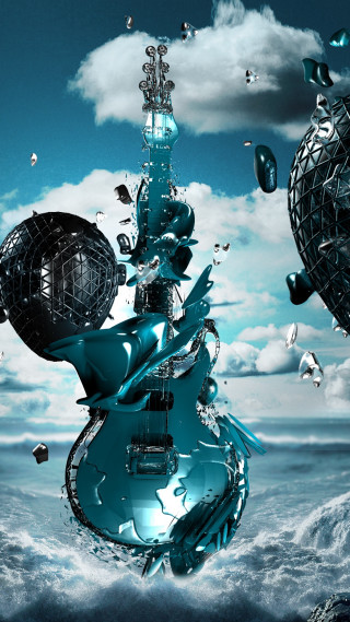 Surreal guitar floating sky background - white cloud free wallpaper for mobile