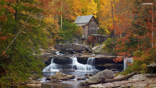 Small waterfall forest wooden building 2 - the center free wallpaper for desktop