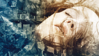 Woman head hands city buildings - over her body free wallpaper