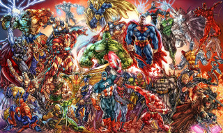Superhero group painting red blue - a painting style free wallpaper