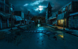 Dark street clock tower night - rain free wallpaper