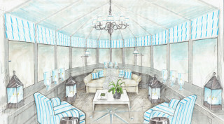 Living room blue chairs chandelier - concept design art free wallpaper