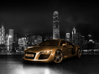 Gold sports car city skyline 2 - matte drawing free wallpaper for desktop