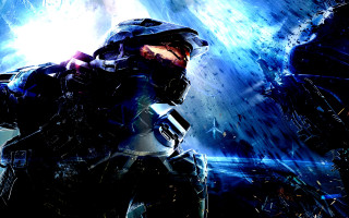 Futuristic man suit blue background 2 - halo free wallpaper