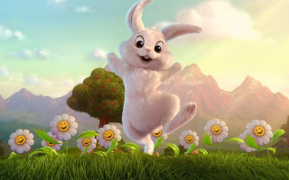 White rabbit jumping field flowers - a white rabbit free wallpaper
