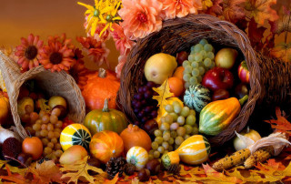 Basket fruit vegetables autumn leaves - fall vibrancy free wallpaper