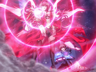 Woman red cape sword pink - a pink light free wallpaper