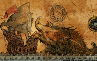 Ship sea monster sun sky - dragon art free wallpaper