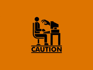 Man sitting desk computer caution - graphic design free wallpaper