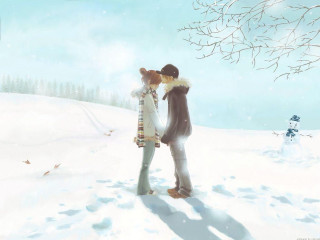 Couple kissing snow snowman tree 2 - cyril rolando free wallpaper