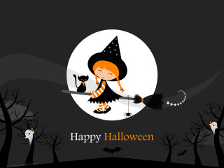 Little girl witch flying broom - dark background free wallpaper
