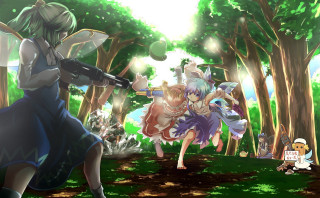 Anime characters forest gun light - a gun in the air free wallpaper