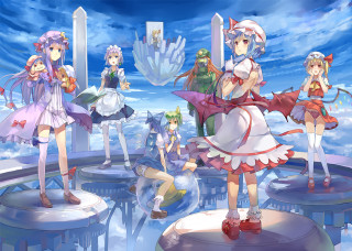 Anime girls platform sky clouds - cloud behind them free wallpaper