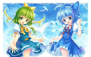 Anime girls blue green outfits - a cat ear free wallpaper