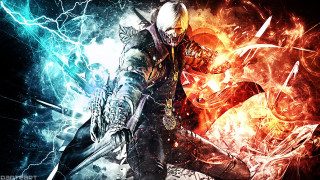 Man sword fire lightning dark - key art free wallpaper for desktop