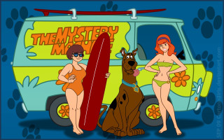 Cartoon two women dog surfboard - a cartoon free wallpaper for desktop