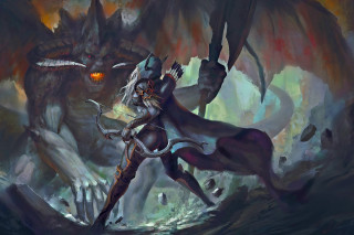 Woman costume fighting dragon sword - a giant dragon free wallpaper
