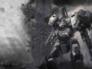 Robot gun city smoke clouds - mecha free wallpaper