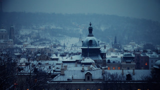 City clocktower snowy mountain trees - tree and buildings free wallpaper