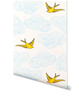 Yellow bird pattern blue background - kitsch movement free wallpaper for mobile