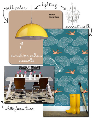 Yellow umbrella blue wallpaper birds - iridescent accent free wallpaper