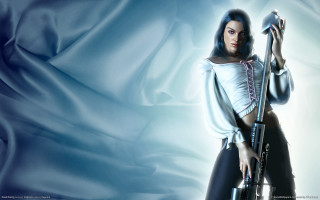 Woman gun blue background silk - a blue background behind her free wallpaper for desktop