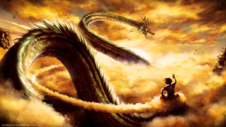 Dragon flying man horse clouds - his knee free wallpaper