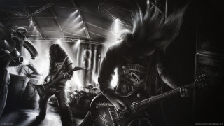 People guitars room skeleton man - detailed oil painting free wallpaper