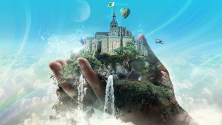 Hand waterfall castle sky rainbow 3 - a castle in the sky free wallpaper