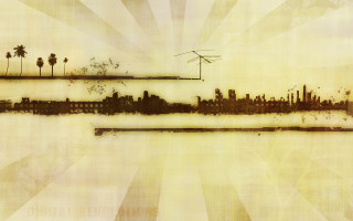 City silhouette palmtrees sunburst grungy - a grungy effect free wallpaper